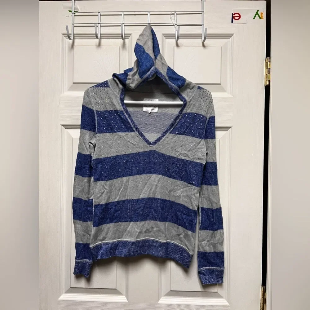 Justice‎ Girls Blue Gray Striped Rhinestone V-Neck Hoodie Sweater Size 14